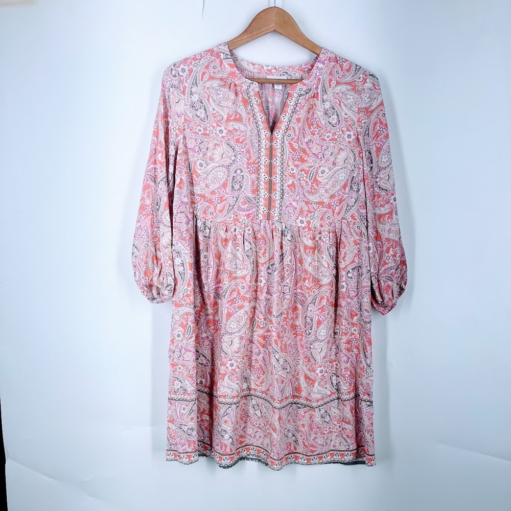 J. Jill Coral Paisley Ecovero Viscose Shift Dress Petite Small Boho Embroidered